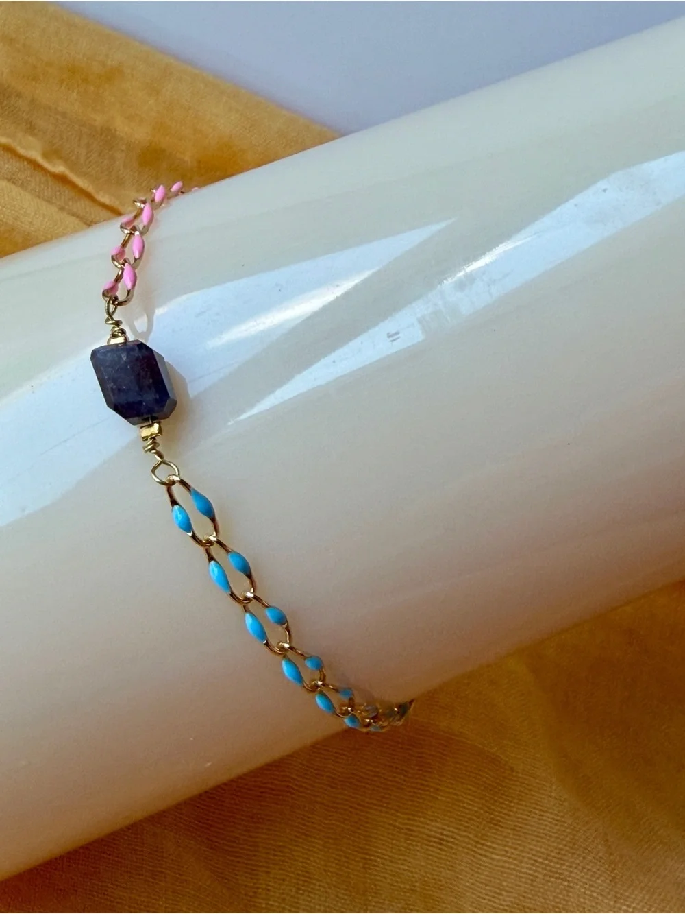 Handmade Gold Chain Bracelet with Pink & Blue Enamel and Genuine Iolite Stone